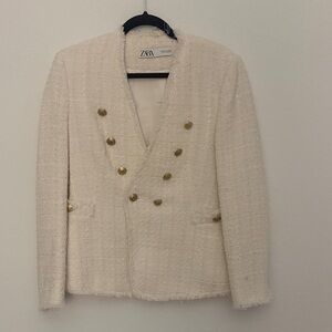 ZARA Cream Tweed Blazer with Gold Buttons